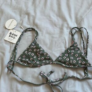Kulani Kinis Olive Green Floral Triangle Bikini Top with Pink & White Blossoms